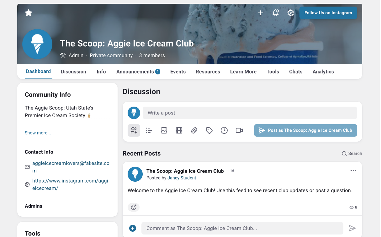 A screenshot of the MyUSU community page of The Scoop: Aggie Ice Cream Club