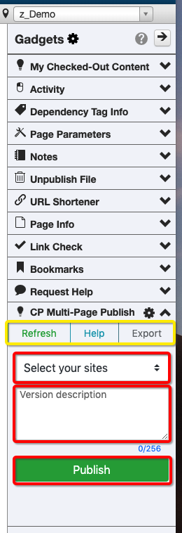 Expand the CP Multi-Page Publish gadget and complete the fields.