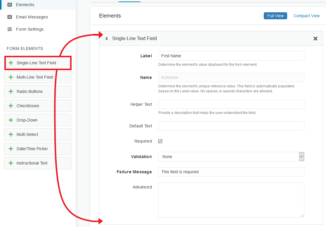 Screenshot of form editor: form elements