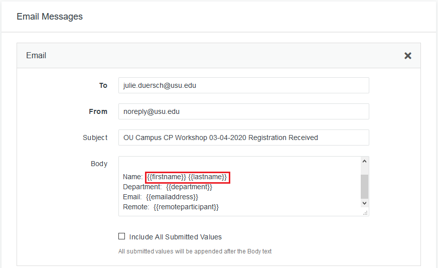 Screenshot of form editor: email settings