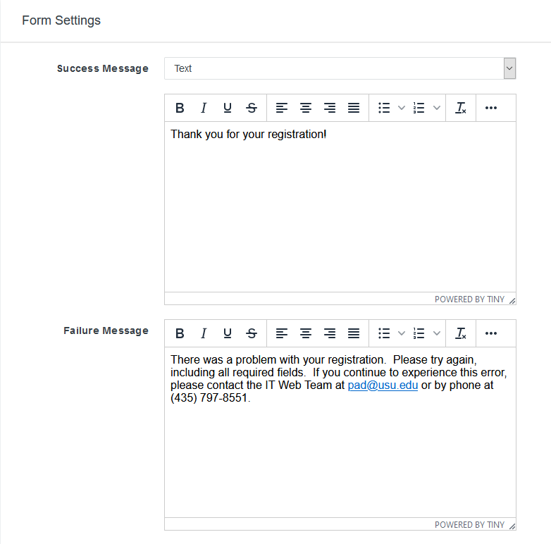 Screenshot of form editor: success and failure messages