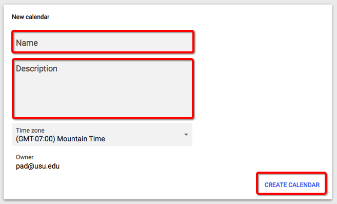 fill out name and description then click create calendar