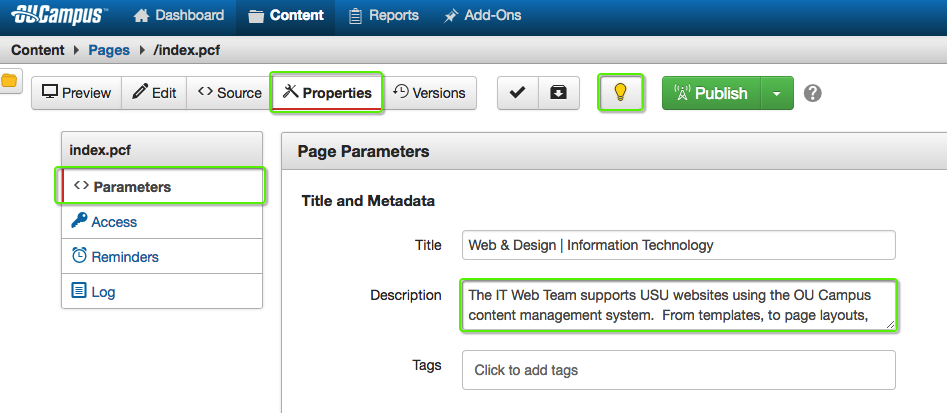 Page parameters allow you to add and change your page description