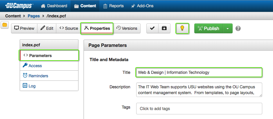 Page parameters allow you to add and change your page title