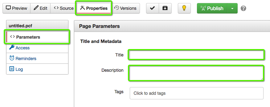 A view of Page Parameters including highlighted Title and Description fields