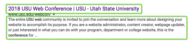 Search Engine Results showing page title and description for the USU Web Conference